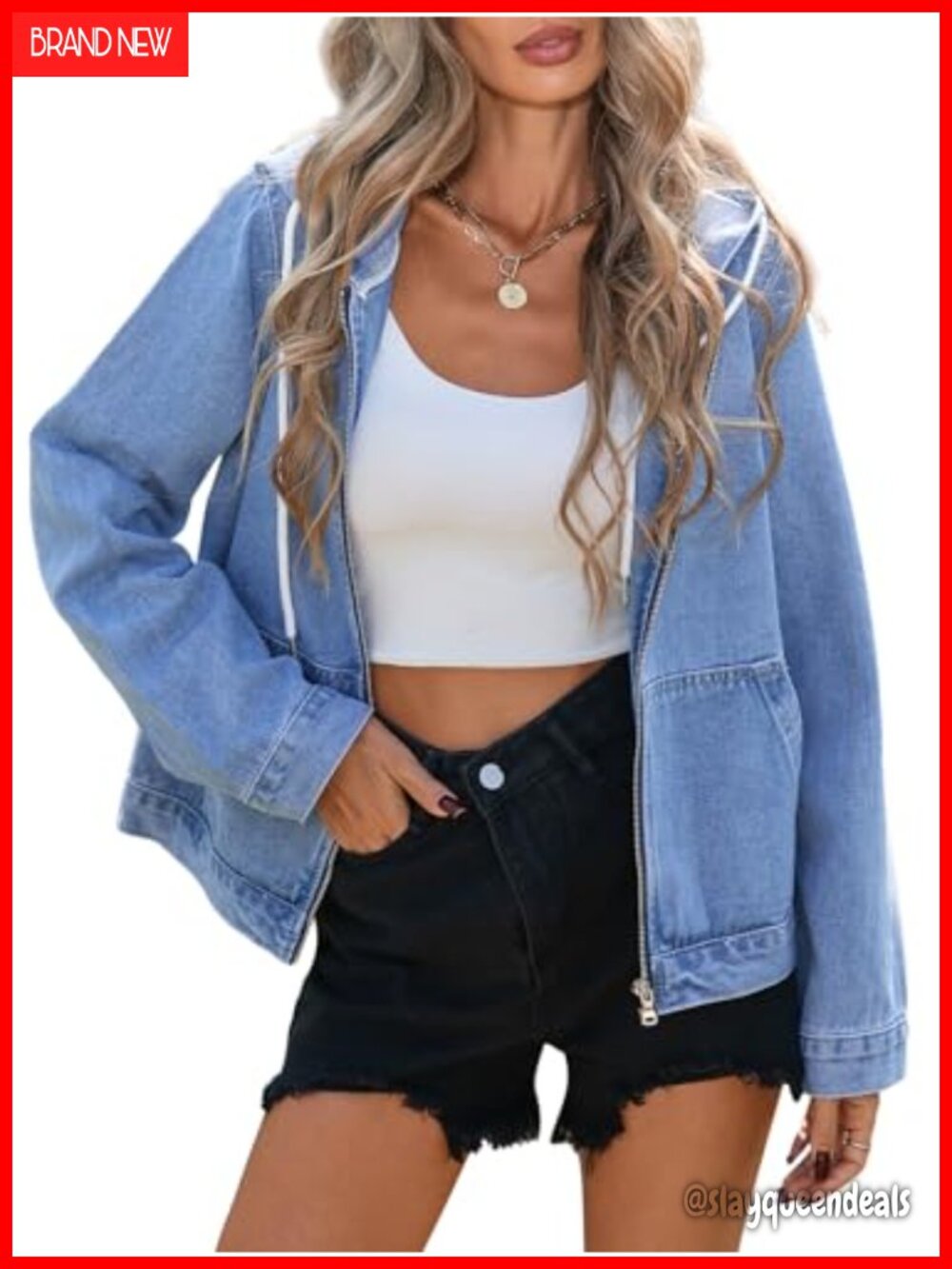 Womens Hoodie Denim Jacket Zip Up Drawstring Long Sleeve Jean Coat